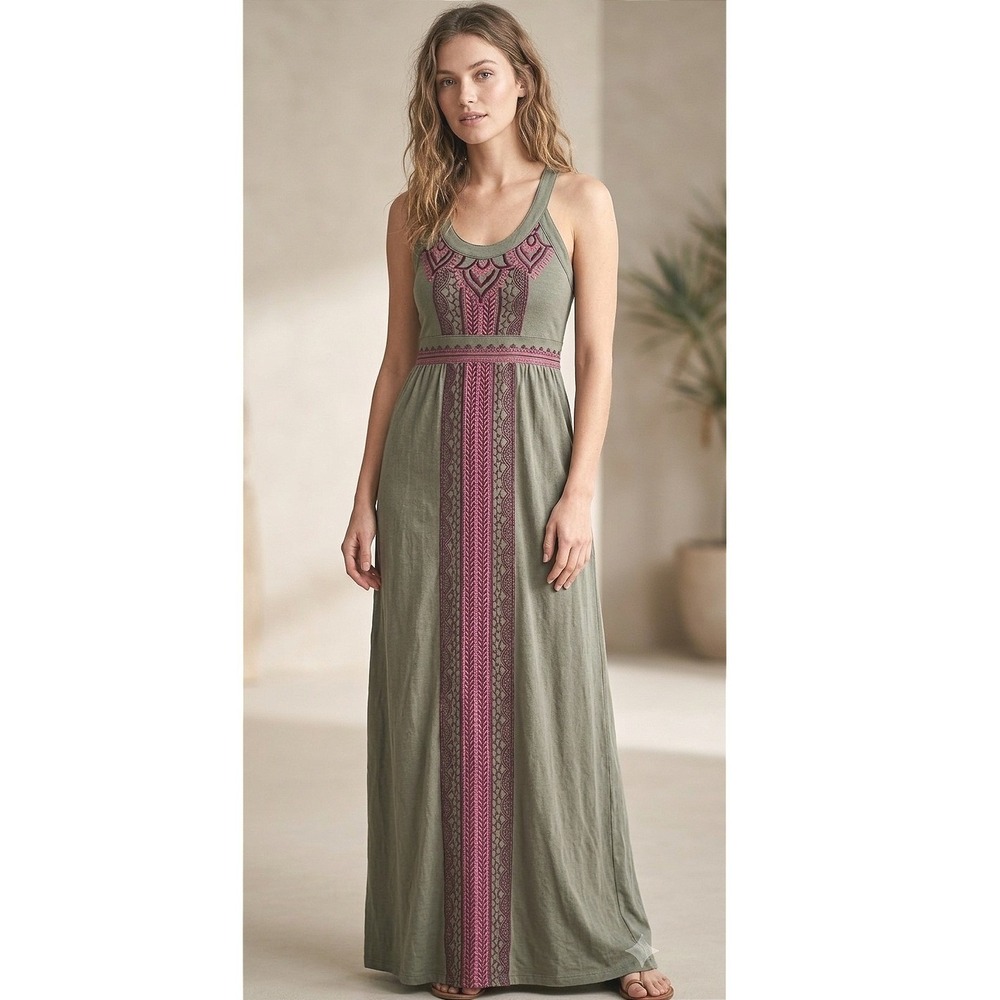 Athleta Maxi Dress Large Earthbound Boho Racerback Brown Pink Lagenlook Hippy